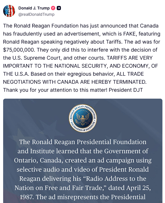“终止所有与加拿大的谈判”!看电视看到“加拿大反关税广告”,特朗普怒了